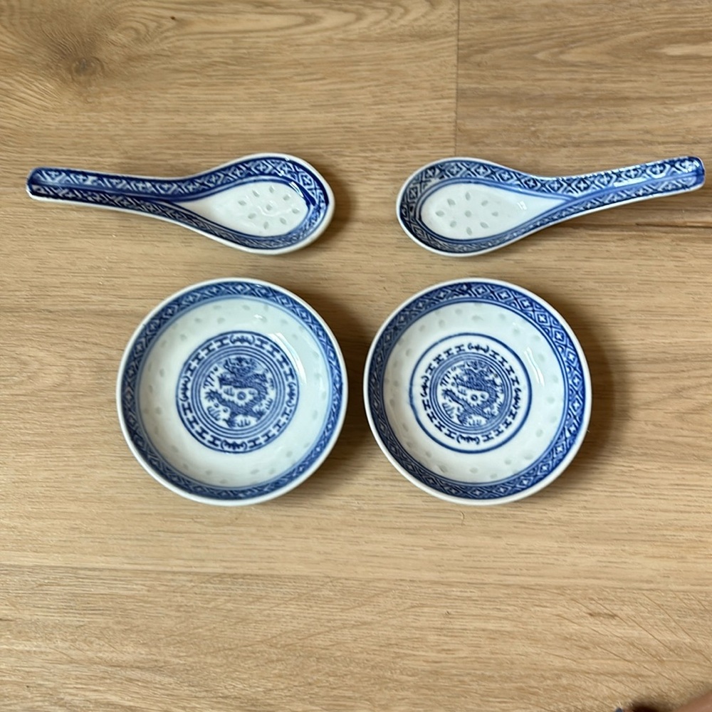 Vintage Blue and White Chinese Ceramic Saucer and Soup Spoon Set